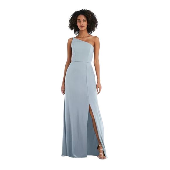 NWT! After Six 1544 One-Shoulder Trumpet Gown Front Slit Blue Mist 2 - Picture 1 of 5